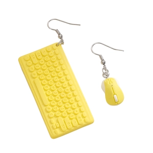 Creative 3D yellow keyboard and mouse asymmetric earrings for office workers