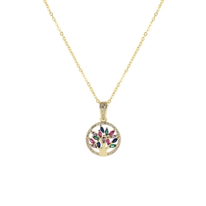 Detail of 18K gold-plated Tree of Life pendant featuring colorful marquise-cut zircons