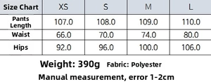 Size chart detail for women's V-neck top and flared pants set in sizes XS to L