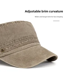 Detail of khaki cotton cadet hat showing reinforced stitching and metal eyelet