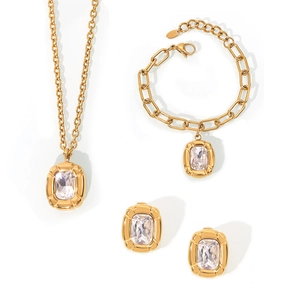 Golden titanium steel jewelry set with rectangular crystals featuring necklace and earrings