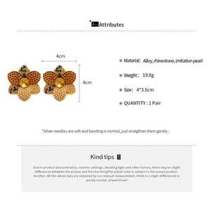 Detailed view of floral pearl earrings with dimensions and material specifications