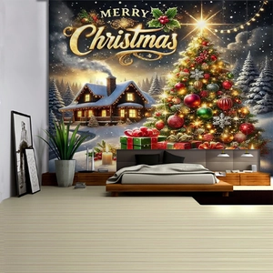 Detailed view of Christmas tapestry with snow cabin and Merry Christmas typography