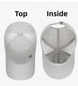 Detail view of breathable grey mesh cap with adjustable metal buckle and inner sweatband