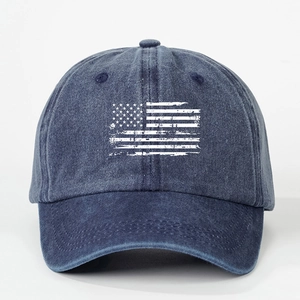 Distressed US flag printed on navy blue washed cotton baseball cap with adjustable strap