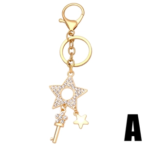 Porte-clés étoile dorée avec pentagramme en strass et pendentif clé orné pour sacs