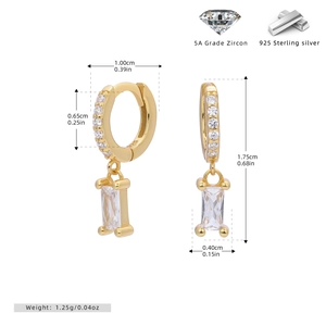Detailed dimension view of S925 sterling silver hoop earrings with zircon pendant