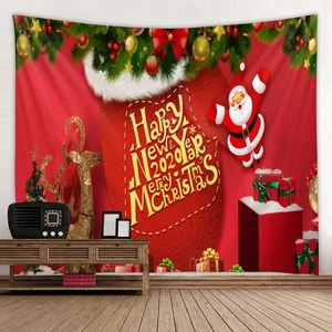 Detailed view of Christmas tapestry featuring Santa and golden reindeer on a red background