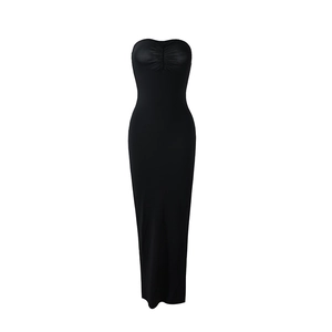 Detail view of the pleated bust and bodycon fit on this long black tube dress