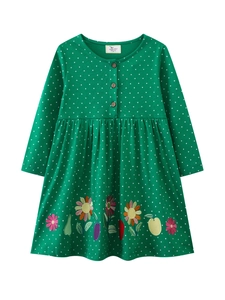 Girl long sleeve cotton knit dress in green with polka dots and floral embroidery