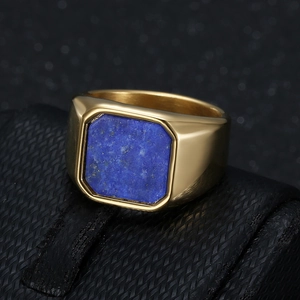 Men's vintage golden stainless steel signet ring featuring a square blue lapis stone
