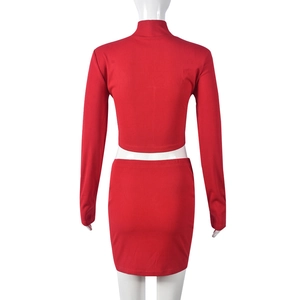 Rear view of red ribbed knit crop top and mini skirt set on a white female mannequin