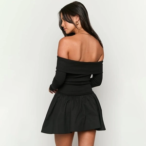 Back view of a chic black off-the-shoulder dress with long sleeves and a slim fit cut