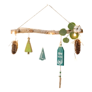 Rustic wall Christmas tree with wooden branches, cotton, pine cones and LED lights