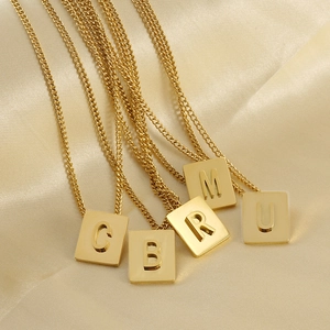 Square Capital Letter Pendant Necklace 18K Gold Plated Stainless Steel Minimalist Initial Medallion Fashion Jewelry Women