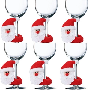 6er-Set Plüsch-Weihnachtszwerge als Weinglas-Dekoration in Rot und Weiß aus Stoff