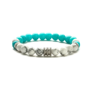 Minimalist stainless steel white turquoise beaded bracelet with silver textured accents