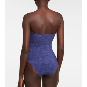 Deep blue denim texture strapless bodysuit with yellow contrast stitching back view