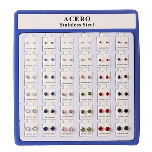 36 pairs of crystal zircon stud earrings in stainless steel displayed in a blue gift box