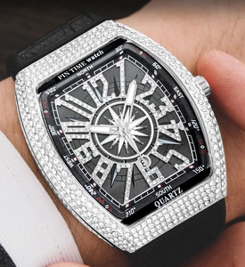 Close-up of luxury tonneau quartz watch with diamond bezel on man wrist