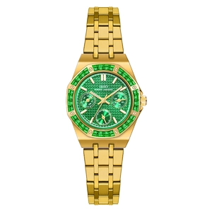 IBSO gold luxury watch with green gemstone bezel and multi-functional chronograph dial
