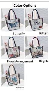 Detailed grid showing five canvas tote bags with rabbit embroidery and colorful woven straps