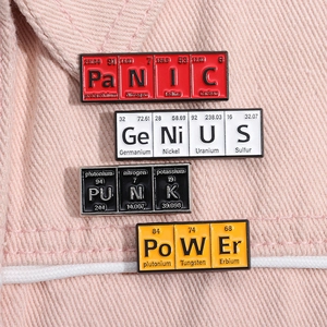 Detailed view of four periodic table pins with PANIC GENIUS PUNK and POWER text