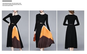 Détail de robe en maille avec panneau plissé dégradé orange et fine ceinture en métal