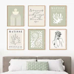 Set di 6 poster su tela Matisse con piante astratte e disegni a linee verde salvia