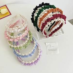 Elegant multi-color pleated fabric headbands with pearl accents for women and girls