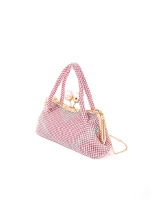 Macro detail of pink rhinestone clutch with golden dual-bud clasp and metal chain