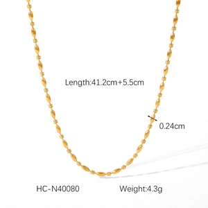 Detail of 18K gold plated oval bead chain necklace with size and weight dimensions