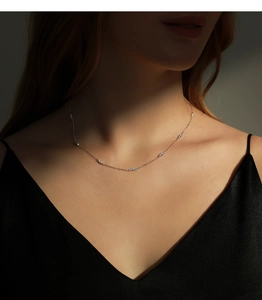 Close-up of elegant S925 sterling silver choker necklace with sparkling zircons on model