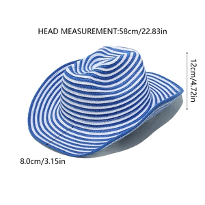 Detailed dimensions of blue striped straw hat showing 58cm head circumference and 8cm brim