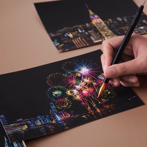 City night scene scratch art kit featuring colorful fireworks and skyline design