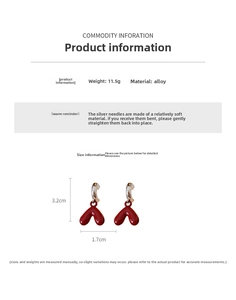 Detailed size chart showing red heart earrings dimensions 3.2cm by 1.7cm and weight 11.5g