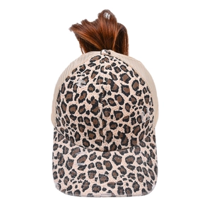 Detail of leopard print baseball cap with ponytail hole and breathable beige mesh back