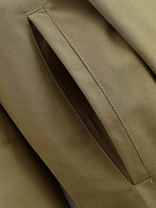 Macro shot of pocket stitching and khaki olive twill fabric on a bomber jacket
