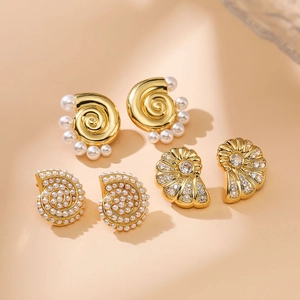 Sea Snail Shell Spiral Earrings Copper 18K Gold Plated Artificial Pearl Zirconia Beach Retro Jewelry For Women