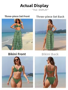 Three-piece swimsuit featuring dark green bikini and snake print beach trousers