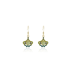 Detail of Chinese style emerald green fan-shaped dangle earrings with golden finish