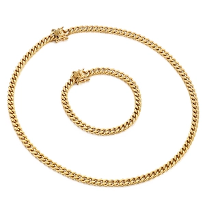Close-up of a polished gold Cuban link chain necklace and bracelet set on white background