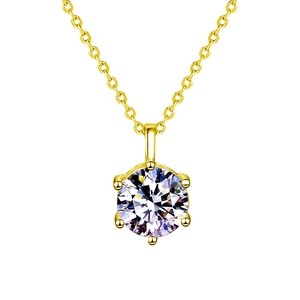 Elegant 925 sterling silver gold necklace with six-prong round moissanite pendant