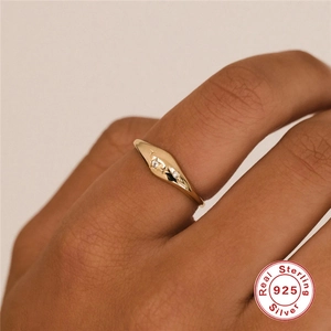 Elegant gold plated S925 sterling silver signet ring with engraved star and zircon stones