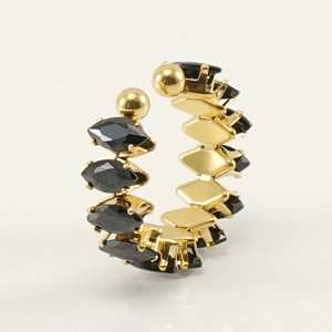 Adjustable 18K gold plated C-shape ring featuring black marquise-cut stones