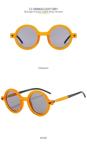 Detail view of round orange retro sunglasses with light grey lenses and C3 color code