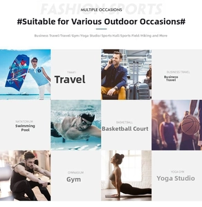 Multi-purpose waist bag showing various usage scenarios like gym, yoga, and travel