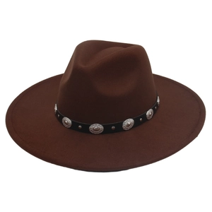 Detail of the dark brown fedora with black leather band and silver metal conchos decoration