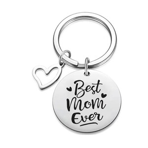 Polished stainless steel keychain with Best Mom Ever engraving and heart pendant