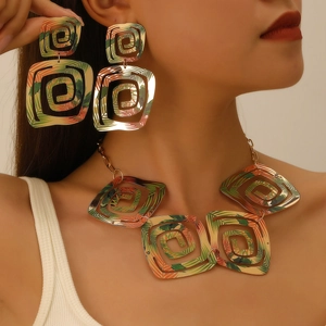Collier Et Boucles D'oreilles En Alliage Géométrique Motif Imprimé Feuilles De Palmier Tropicales Bijoux Bohèmes Vintage